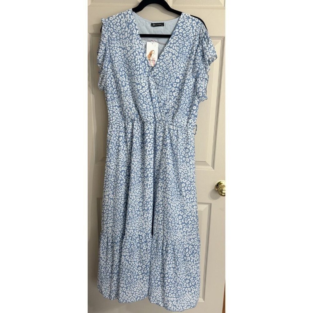 Pretty Garden XXL Dress Boho Blue Floral With Belt NWT